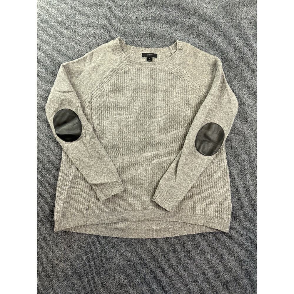 J.Crew 100% Wool Sweater XS Gray Leather Elbow Patch Knit Pullover Womens